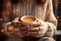 Girl in sweater holds cup of tea or coffee in the morning sunlight. Female hands hold a mug with a hot drink. Generative Royalty Free Stock Photo