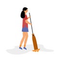 Girl sweep the floor illustration. Pretty woman sweeping leaves in the yard illustration. Household chores.