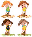 Girl sweep the leaves on the floor Royalty Free Stock Photo