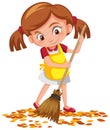 Girl sweep the leaves on the floor Royalty Free Stock Photo