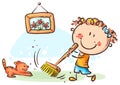 Girl sweeping floor, doing housework, cartoon drawing