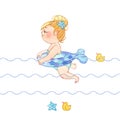 Girl in a swim ring with rubber duck. Hand-painted watercolor illustration