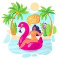 Trendy vector illustration on summer holiday, vacation theme. ÃÂÃÂ°Ãâ¬pÃÆ woman character resting in flamingo swimming circle.