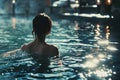 girl swimming in the evening pool back view