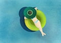 Girl swimming in the green circle. Raster illustration.