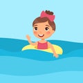 Girl swimming with inflatable ring flat illustration.