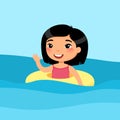 Girl swimming with inflatable ring flat vector illustration.