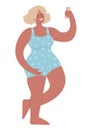 A girl in a swimming suit holds a smartphone and smiles. Joyful flat vector modern illustration