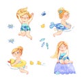 Girl swims on white isolated background. Hand-painted watercolor collection illustrations set Royalty Free Stock Photo