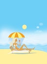 Girl in a swimsuit with an apple in her hand. Lies on a chaise longue under an umbrella on the beach on a clear sunny day.