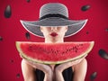 Girl in swimsuit with watermelon in hand and red background with seeds Royalty Free Stock Photo