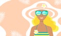 Girl in a swimsuit hat and sun glasses with beach reflection Royalty Free Stock Photo