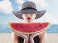 Girl in swimsuit with red watermelon in hand Royalty Free Stock Photo