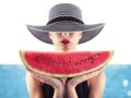 Girl in swimsuit with red watermelon in hand Royalty Free Stock Photo