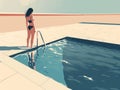 Girl in swimsuit standing on the edge of a swimming pool. Generative AI Royalty Free Stock Photo