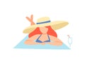 Girl in Swimsuit and Straw Hat Sunbathing on Beach, Beautiful Young Woman Enjoying Summer Vacation on Seashore Vector Royalty Free Stock Photo