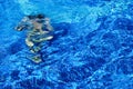 Girl in swimsuit under water in the pool with blue tiles Royalty Free Stock Photo