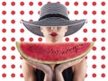 Girl in swimsuit with watermelon in hand and red circle background Royalty Free Stock Photo