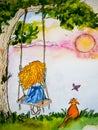 Girl on a swing with a cat watching the sunset watercolor drawing,illustration