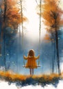 girl swing forest full moon trends sad color leaves falling unconnected magical sparkling colored drawing children holding onto Royalty Free Stock Photo