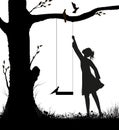 Girl and swing silhouette, childhood memories in summer day, pigeons on the swing, black and white,