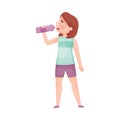 Girl in T-shirt Drinking Cool Water from Bottle Because of Hot Weather Vector Illustration