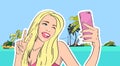 Girl Take Selfie Photo Beach Cell Smart Phone Tropical Island Summer Vacation Royalty Free Stock Photo