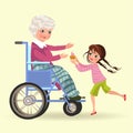 Girl takes care of grandmother, granddaughter bears senior gray-haired woman sitting in wheelchair cake for dinner Royalty Free Stock Photo