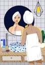 The girl takes care of her skin in front of the mirror in the bathroom. Vector.