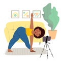 The girl takes online classes on the phone, does yoga. The concept of Stay at home