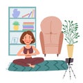 The girl takes online classes on the phone, does yoga. The concept of Stay at home