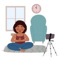 The girl takes online classes on the phone, does yoga. The concept of Stay at home