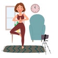 The girl takes online classes on the phone, does yoga. The concept of Stay at home