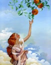 Girl takes oranges from the sky Royalty Free Stock Photo