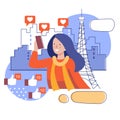 A girl takes a selfie against the background of the Eiffel tower. Stylized illustration of a travel blogger