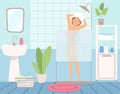 Girl takes shower. Bathroom interior, hygiene procedures. Woman washes her head vector illustration Royalty Free Stock Photo