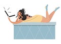 The girl takes spa treatments. Woman resting on a marble bed in a sauna with a laptop. Vector with cute seductive