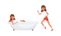 Girl Taking Bath in Bubble Bathtub and Running in Morning, Set, Young Woman Activity and Daily Routine Cartoon Vector