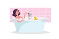 Dark hair Girl taking a bath full of soap foam. Yellow rubber duck in bathtub. Exquisite bathtub unusual shape. Flat cartoon