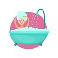 Girl taking a bubble bath and washing her hair, woman caring for herself, healthy lifestyle vector Illustration Royalty Free Stock Photo