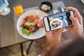 Girl taking food photo with phone camera Royalty Free Stock Photo