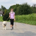 Girl taking a Golden Retriever dog for a walk Royalty Free Stock Photo