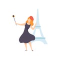 Girl Taking Selfie Photo on Smartphone on Backdrop of Eiffel Tower, Female Tourist Making Photo or Video for Social Royalty Free Stock Photo