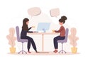 Girl talk to each other. Business women discuss social network, chat with dialog speech bubbles, debate working moments