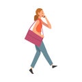 Girl Talking on Smartphone While Walking, Young Woman Using Digital Gadget Vector Illustration