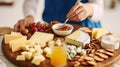 Girl Taste French Cheeseboard with Brie, Parmesan and Mozzarella Assorted. Blue Cheddar, Gouda and Walnut Various Dessert Platter Royalty Free Stock Photo