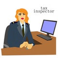 girl tax inspector in uniform is sitting at table. the workplace of specialist. Tax day. The idea of accounting and payment. for