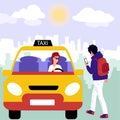 Girl taxi driver in the city. The guy is looking for a way on the navigator in the phone. Royalty Free Stock Photo