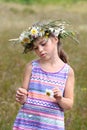 Girl tears off petals of daisy Royalty Free Stock Photo