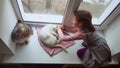 Girl teen and pets cat and dog pet a looking out the window, cat sleeps Royalty Free Stock Photo